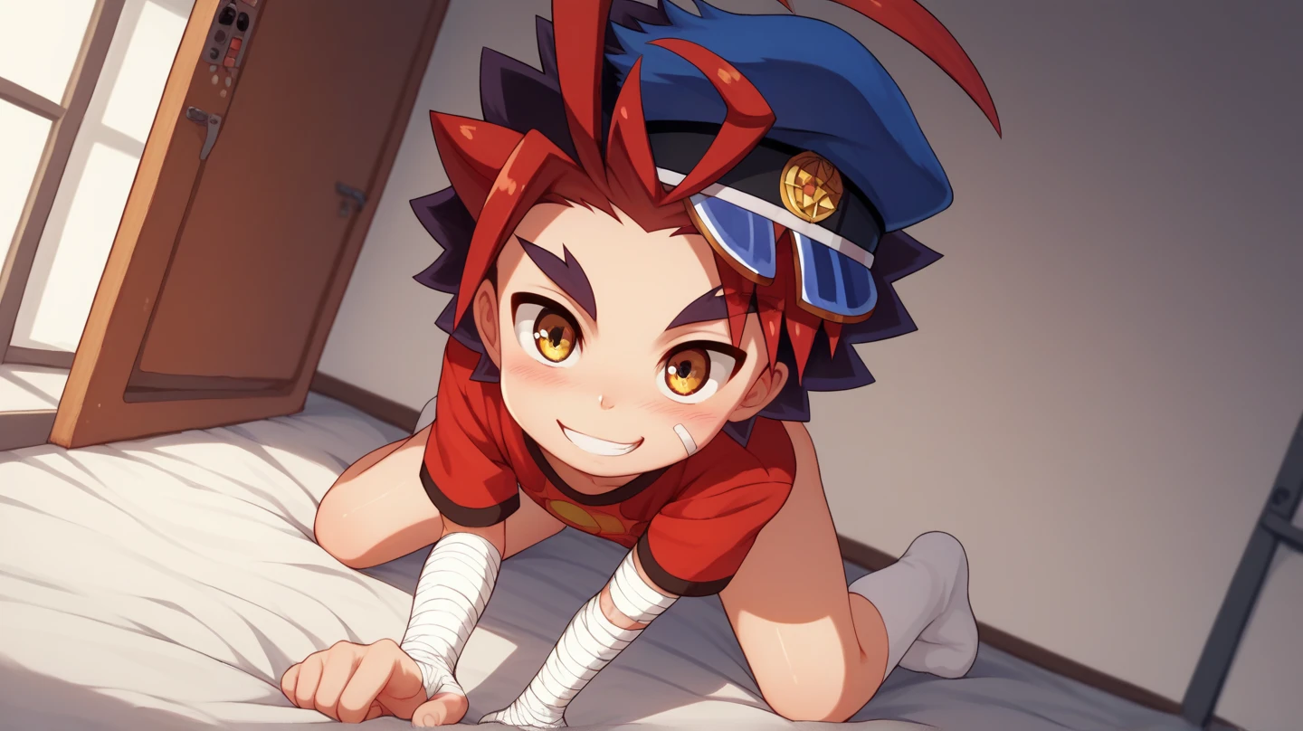 Masterpiece , High Quality , , cute ,,shotacon , young, , Age Regression, Shota,cute boy , Stationary , , perfect opaque , Perfect texture , Perfect sewing,solo,1boys , boys,gao mikado, peaked cap, , red t-shirt, bandaged arm,,blushed, , smiling and looking flirtatiously , show dick , naked torso and legs, only white socks，kneeling, shiny buttocks，first person perspective，spread your legs，Dutch Angle, 8K,front view