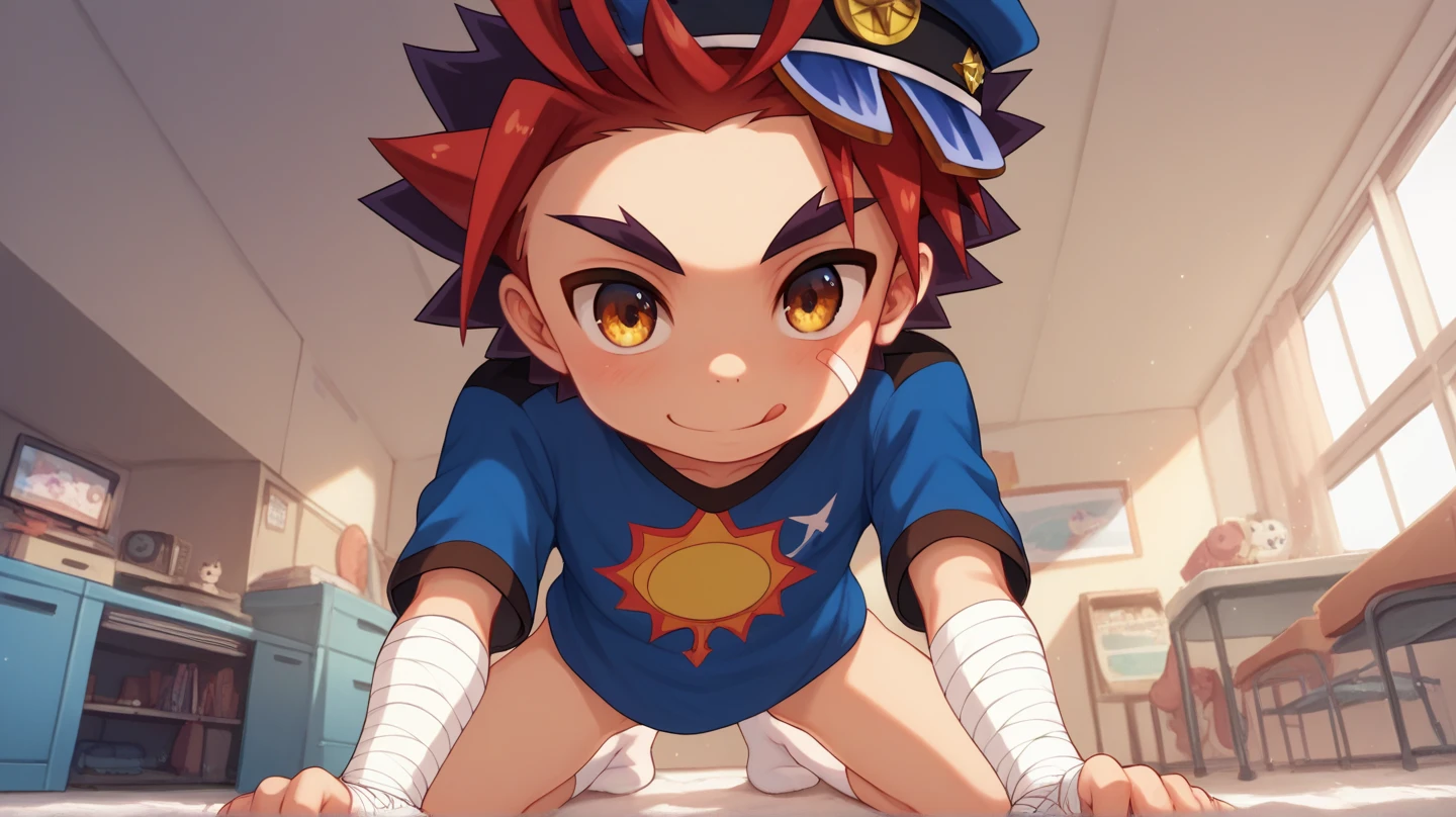 Masterpiece , High Quality , , cute ,,shotacon , young, , Age Regression, Shota,cute boy , Stationary , , perfect opaque , Perfect texture , Perfect sewing,solo,1boys , boys,gao mikado, peaked cap, , red t-shirt, bandaged arm,,blushed, , smiling and looking flirtatiously , show dick , naked torso and legs, only white socks，kneeling, shiny buttocks，first person perspective，spread your legs，Dutch Angle, 8K,front view