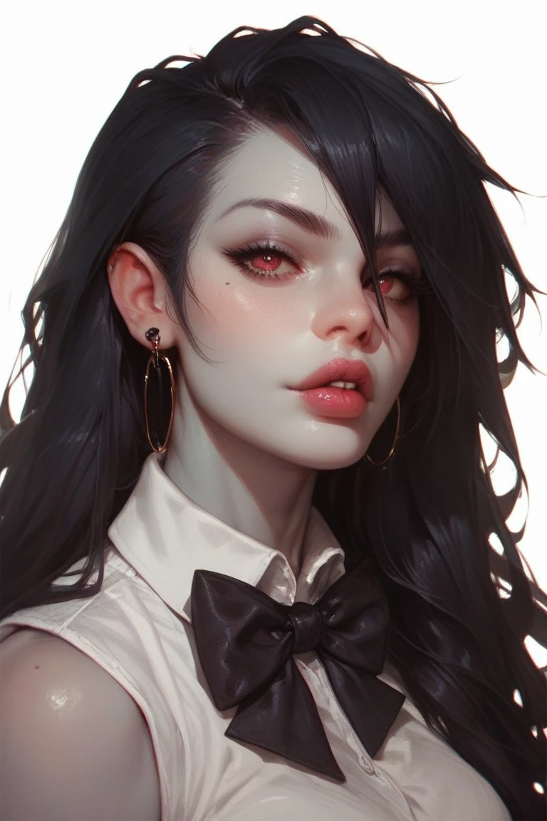 A close-up of the cartoon character Marceline wearing a white shirt and a black bow tie. She looks very much like a human being behind a white background and looks sexy