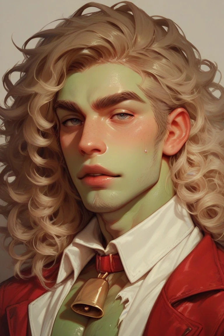  Make a man with a green skin tone with bruises on his skin to the point where the bones are visible , He smiles with his head tilted ,  has curly hair and light brown hair with a white lock and wears a torn Christmas outfit 