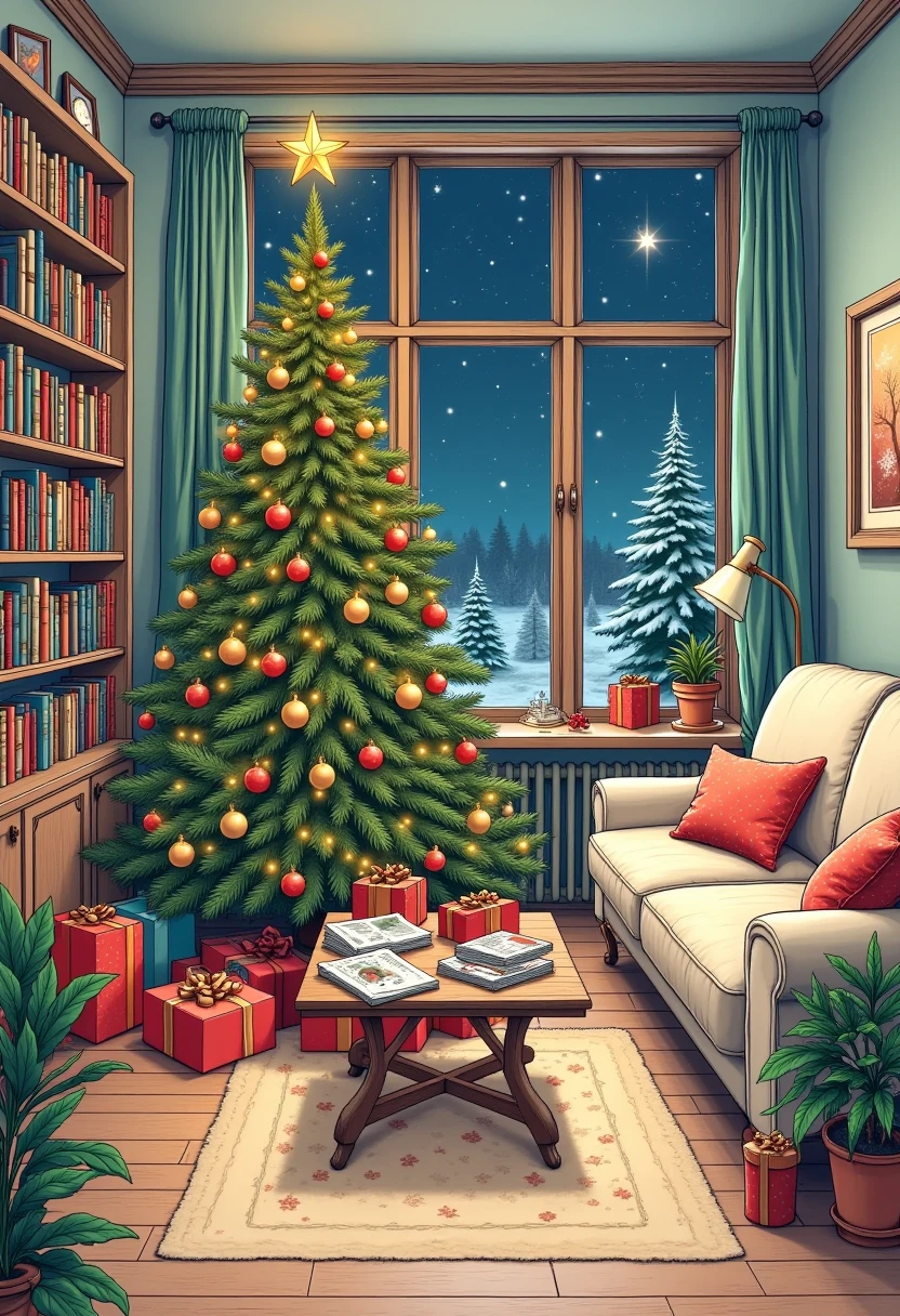  best quality,  high resolution , winter，night, (Hand-drawn,line art), Christmas tree,  Christmas， Comfortable living room painting ,Christmas gift box cozy atmosphere, Detailed texture,  intricate pattern ,  rich colors,  decorative element , Retro furniture, Wooden floor,  Bookshelves filled with books , plush sofa ,  Fluffy pillow ,  Coffee table with magazines , Artwork on the wall,  Potted Plants , window,  Relaxed and cozy atmosphere ,  Artistic and stylized depiction 