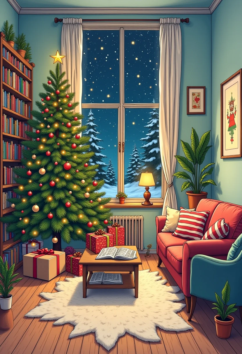  best quality,  high resolution , winter，night, (Hand-drawn,line art), Christmas tree,  Christmas， Comfortable living room painting ,Christmas gift box cozy atmosphere, Detailed texture,  intricate pattern ,  rich colors,  decorative element , Retro furniture, Wooden floor,  Bookshelves filled with books , plush sofa ,  Fluffy pillow ,  Coffee table with magazines , Artwork on the wall,  Potted Plants , window,  Relaxed and cozy atmosphere ,  Artistic and stylized depiction 