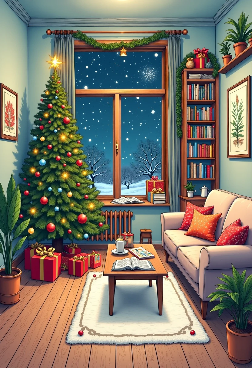  best quality,  high resolution , winter，night, (Hand-drawn,line art), Christmas tree,  Christmas， Comfortable living room painting ,Christmas gift box cozy atmosphere, Detailed texture,  intricate pattern ,  rich colors,  decorative element , Retro furniture, Wooden floor,  Bookshelves filled with books , plush sofa ,  Fluffy pillow ,  Coffee table with magazines , Artwork on the wall,  Potted Plants , window,  Relaxed and cozy atmosphere ,  Artistic and stylized depiction 