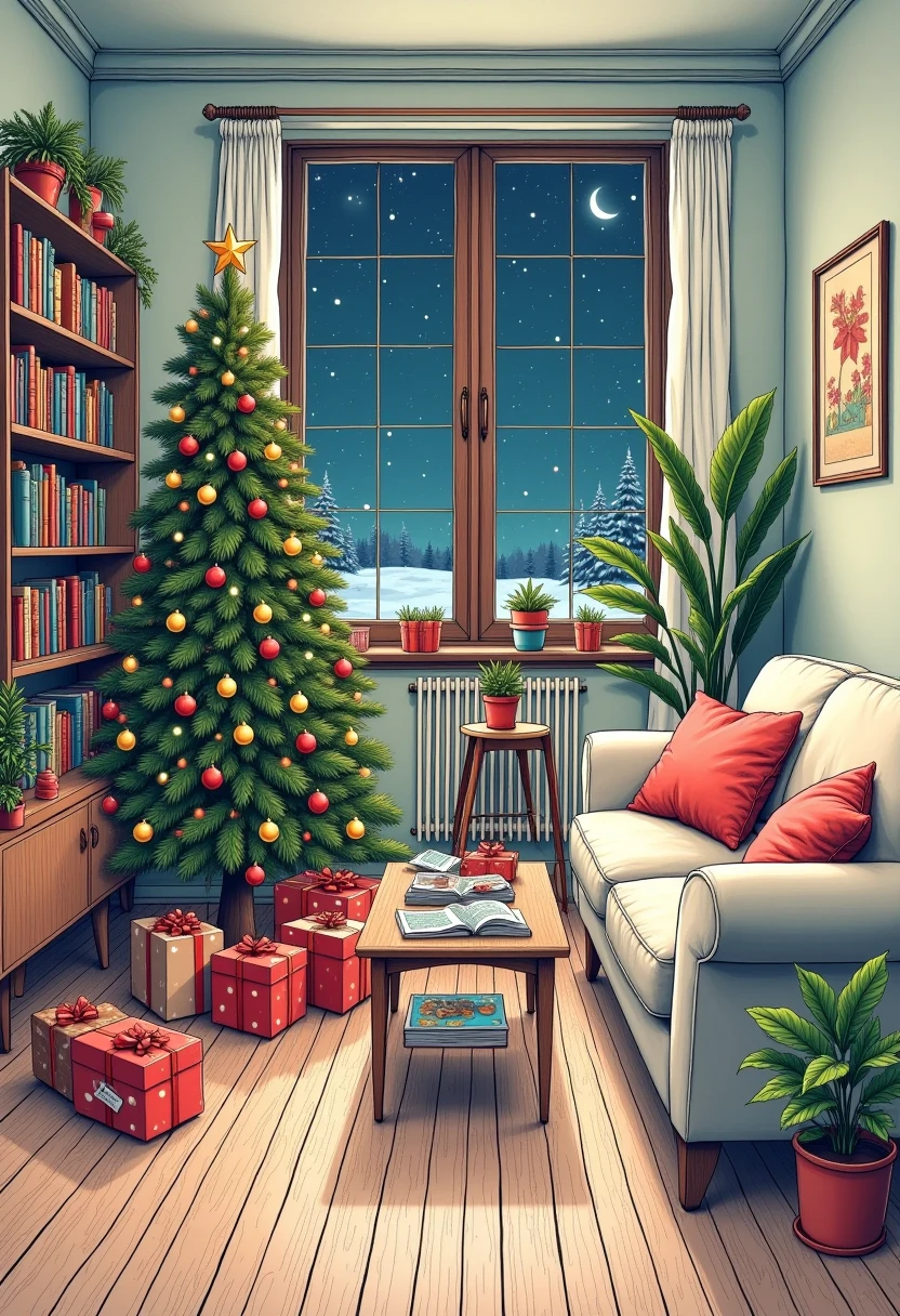  best quality,  high resolution , winter，night, (Hand-drawn,line art), Christmas tree,  Christmas， Comfortable living room painting ,Christmas gift box cozy atmosphere, Detailed texture,  intricate pattern ,  rich colors,  decorative element , Retro furniture, Wooden floor,  Bookshelves filled with books , plush sofa ,  Fluffy pillow ,  Coffee table with magazines , Artwork on the wall,  Potted Plants , window,  Relaxed and cozy atmosphere ,  Artistic and stylized depiction 