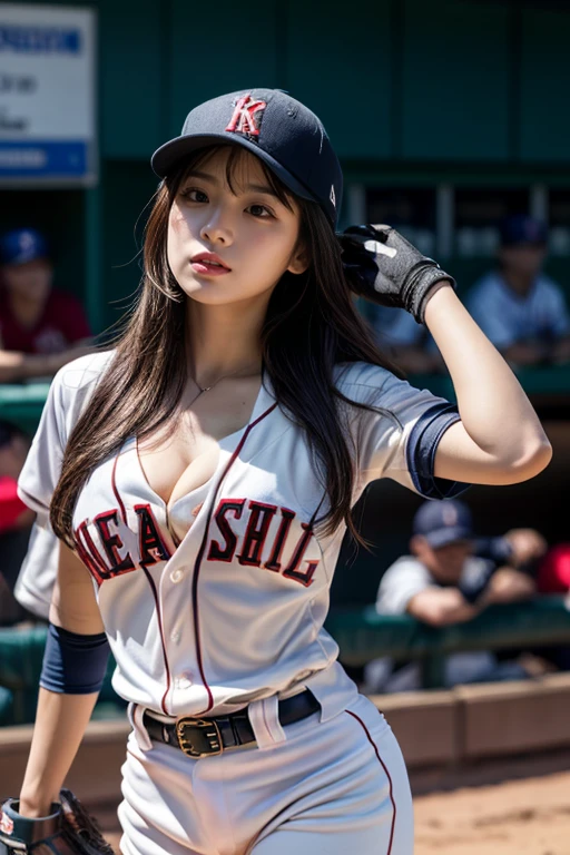 Photo of Aurafeed woman in baseball uniform,(Photoreal:1.2), (show the whole body), (long shot),(make one's cheeks flush),with arms raised,(active movement),((Background during a baseball game:1.2)), ((baseball uniform)),Backlight,realistic,18-year-old,(laughter), (glowing skin), sakimichan,Second time'Tzuyu, Young and cute gravure idol, japanese model, Genuine young gravure idol,perfect anatomy, Haruka Ayase, Assist々Kiki, Kana Hashimoto, Mai Shiraishi, Nishino Nanase, Mei Watanabe, Yuki Yoda, Assist々xylophone, Aoi Miyazaki, Yuko Takeuchi, Yuki Uchida, Suzu Hirose, Aya Ueto,gal style makeup,mascara,cute,double eyelid,tear bag,cheek,eyelash,Happy, written boundary depth, cowboy shot,nffsw, highest quality, award-winning, High resolution, (anatomically correct),healthy body, In 8K, anatomically correct, (big breasts),(big breasts),light sunburn marks,freckles,open your arms
