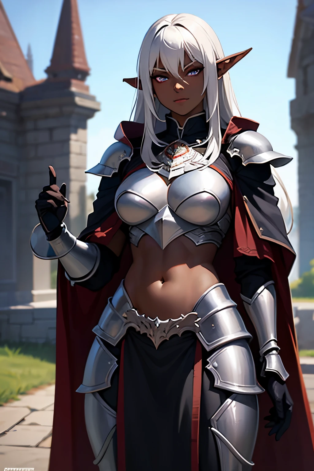 ((best quality)), ((masterpiece)), (detailed), 1 women dark knight armor, 8k_wallpaper, extremely detailed eyes, (large masterpiece digital art), (intricate details:1.3 ), (ultra-detailed:1.3), (sharp focus:1.3), (natural lighting:1.05), (vivid colors:1.3), (best quality:1.4), expressive eyes, full body, detailed face, beautiful face, perfect face, ((hair sandy white curls)), ((gold horns)), (gold eyes), {{dark skin}}, ({dark skinned female}), big breasts, huge chest, mid-range pelvis and big ass, cruel predatory and cold-blooded arrogant look and smile, an open red coat with rolled up sleeves, an open coat with rolled up sleeves, steel heavy knight armor through the fabric the clear outlines of large pointed nipples are visible, a wide orange belt lowered lower with large gold yarn, leather pants with steel thigh guards clear outline of pussy, leather gloves, steel gold bracers and shoulder pads, dark silver chain mail oversleeves, a medieval marching backpack, walking along the path against the backdrop of the elven ruins of the city and colorful blooming flowers,