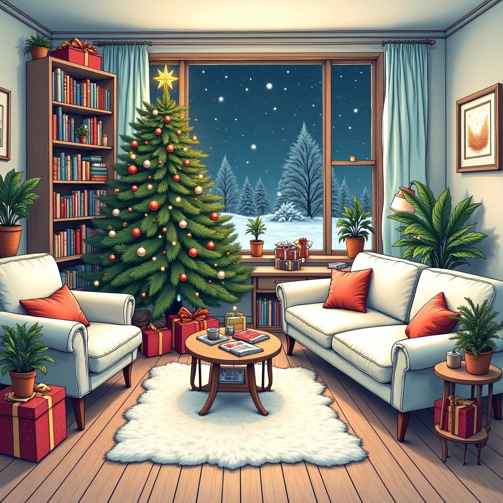  best quality,  high resolution , winter，night, (Hand-drawn,line art), Christmas tree,  Christmas， Comfortable living room painting , Christmas Gift Box Cozy Atmosphere, Detailed texture,  intricate pattern ,  rich colors,  decorative element , Retro furniture, Wooden floor,  Bookshelves filled with books , plush sofa ,  Fluffy pillow ,  Coffee table with magazines , Wall Art ,  Potted Plants , window,  Relaxed and cozy atmosphere ,  Artistic and stylized depiction 