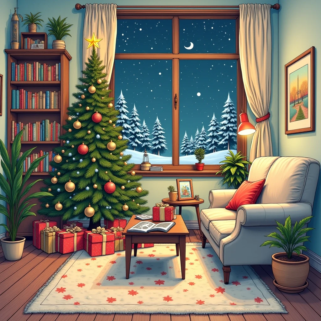  best quality,  high resolution , winter，night, (Hand-drawn,line art), Christmas tree,  Christmas， Comfortable living room painting , Christmas Gift Box Cozy Atmosphere, Detailed texture,  intricate pattern ,  rich colors,  decorative element , Retro furniture, Wooden floor,  Bookshelves filled with books , plush sofa ,  Fluffy pillow ,  Coffee table with magazines , Wall Art ,  Potted Plants , window,  Relaxed and cozy atmosphere ,  Artistic and stylized depiction 