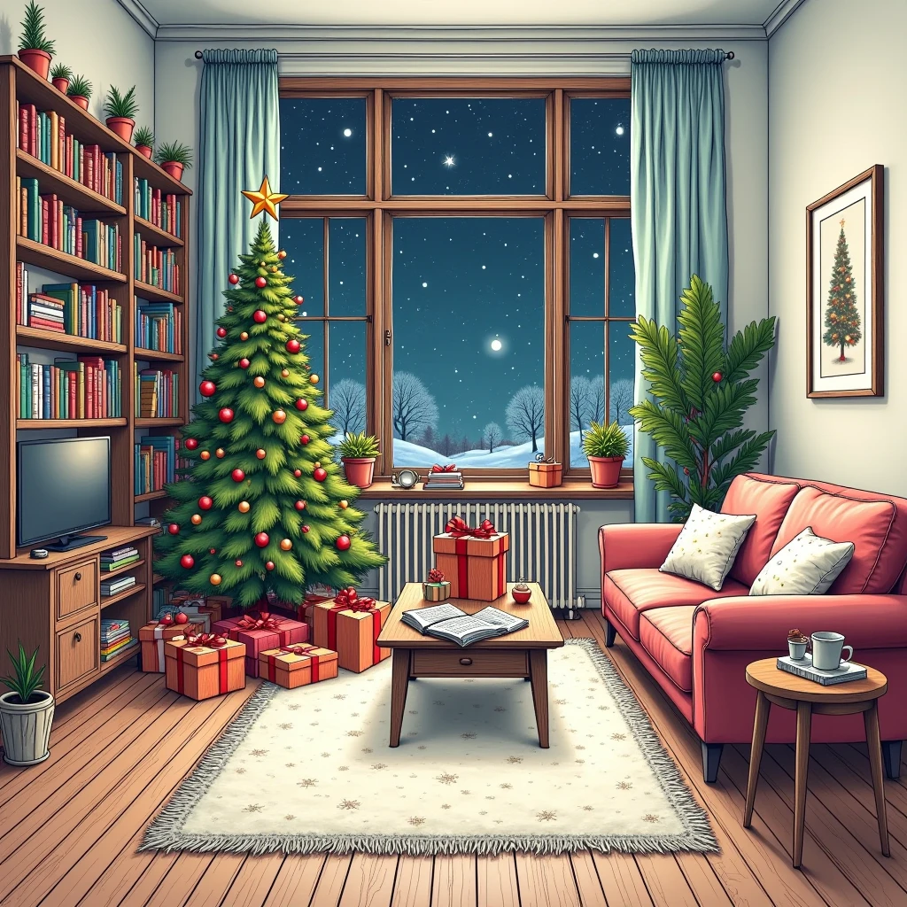  best quality,  high resolution , winter，night, (Hand-drawn,line art), Christmas tree,  Christmas， Comfortable living room painting , Christmas Gift Box Cozy Atmosphere, Detailed texture,  intricate pattern ,  rich colors,  decorative element , Retro furniture, Wooden floor,  Bookshelves filled with books , plush sofa ,  Fluffy pillow ,  Coffee table with magazines , Wall Art ,  Potted Plants , window,  Relaxed and cozy atmosphere ,  Artistic and stylized depiction 