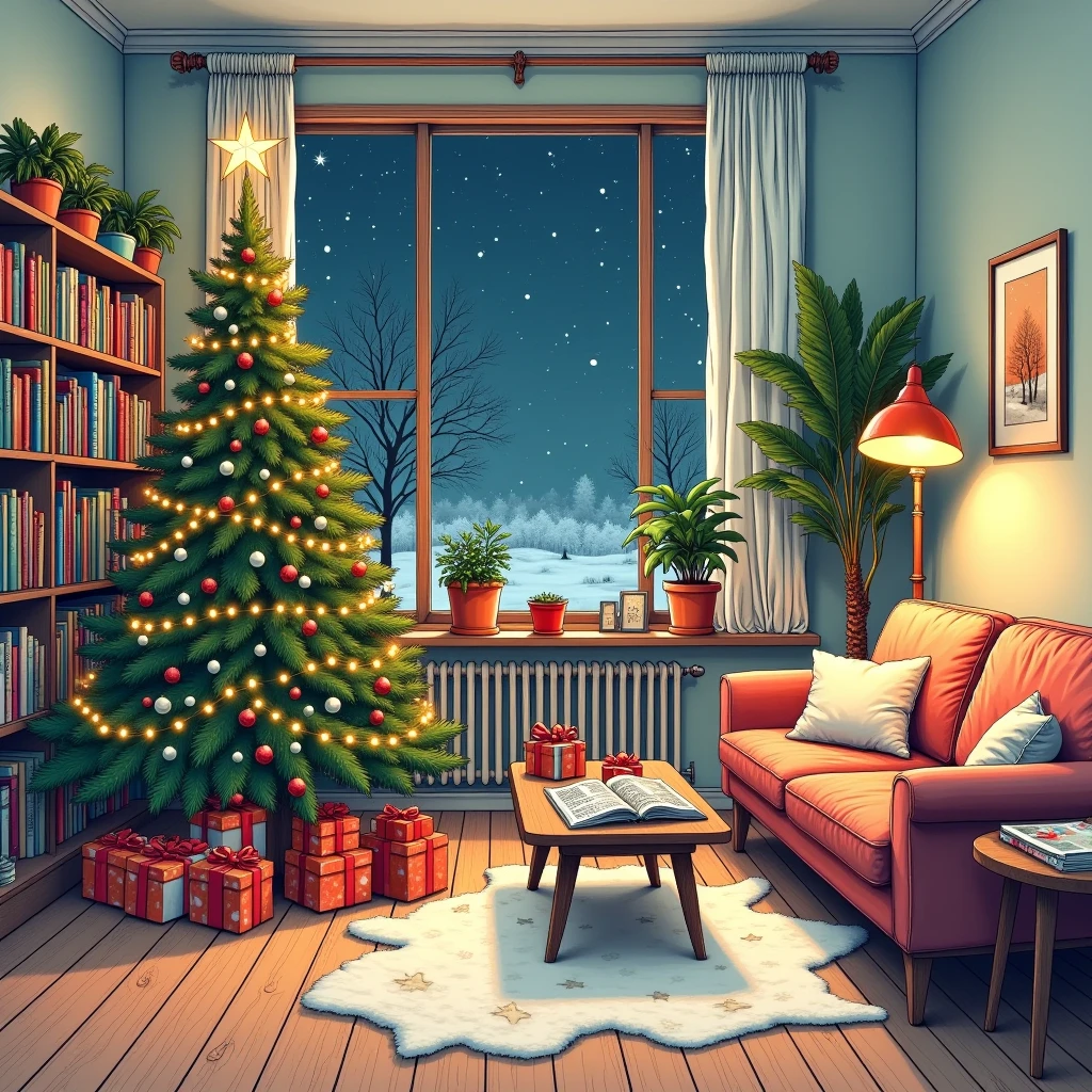  best quality,  high resolution , winter，night, (Hand-drawn,line art), Christmas tree,  Christmas， Comfortable living room painting , Christmas Gift Box Cozy Atmosphere, Detailed texture,  intricate pattern ,  rich colors,  decorative element , Retro furniture, Wooden floor,  Bookshelves filled with books , plush sofa ,  Fluffy pillow ,  Coffee table with magazines , Wall Art ,  Potted Plants , window,  Relaxed and cozy atmosphere ,  Artistic and stylized depiction 