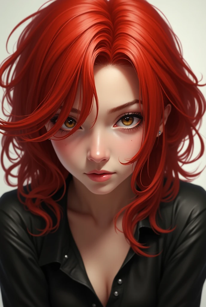 A closeup of a person with red hair and a white shirt, messy square vibrant red hair, spiky red hair messy, hair dyed red, bright red hair, short red hair, crimson red red hair and red eyes, long shaggy red hair, red red tone, red color