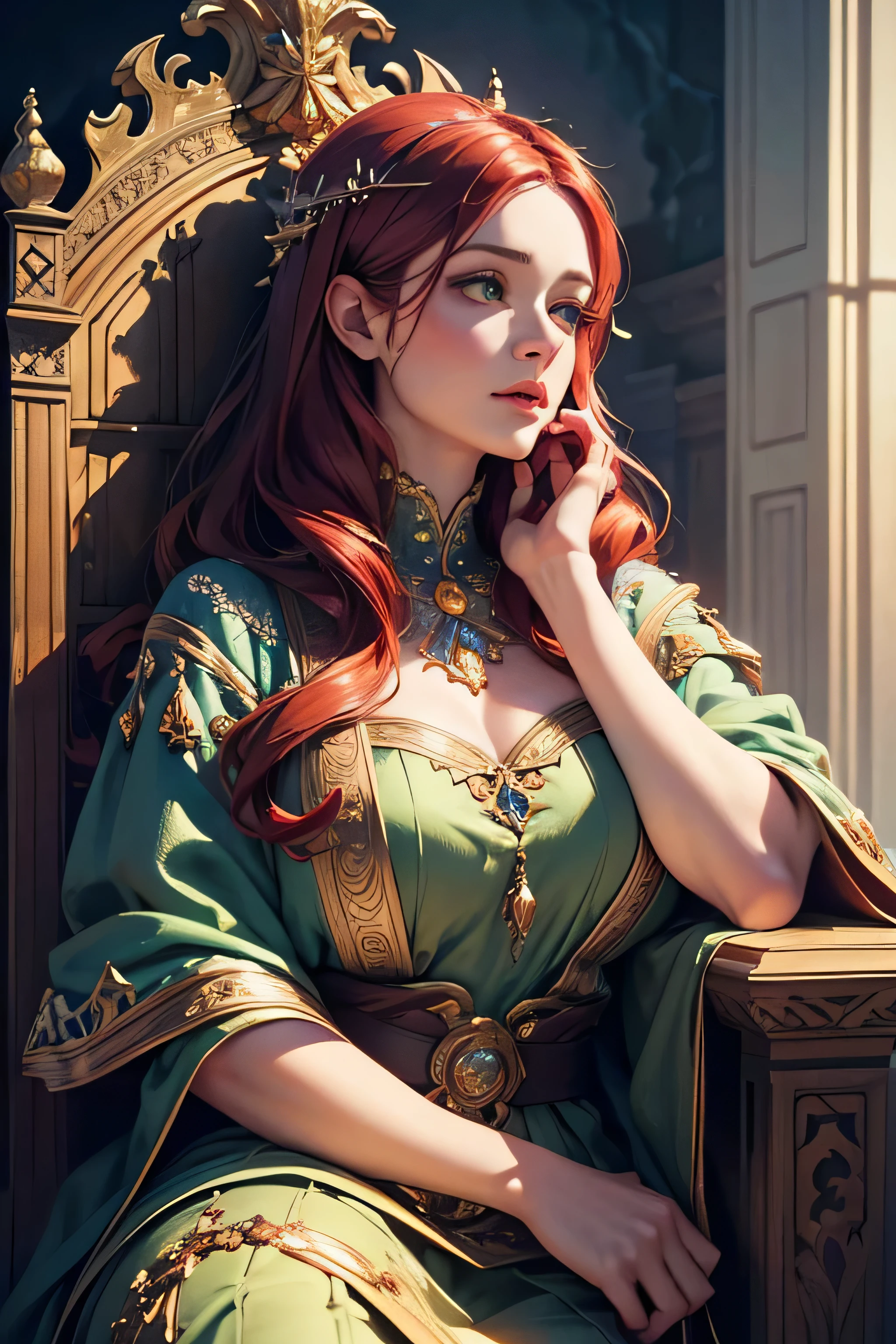 1 woman, full-length, in majestic attire, Magnificent, awe-inspiring, 30-year-old woman sitting on a stone throne, throne room of high detail, horror, goddess Moran, red hair, green eyes, full-length, cold, detailed illustration of a fairy tale, an illustration from a collection of horrors, an illustration to an old school fairy tale, beautiful detailed eyes, beautiful detailed lips, (best quality, 8k, high resolution, masterpiece: 1.2), over-detailed, (realistic, photorealistic, photorealistic-realistic image: 1.37), digital painting, traditional illustration style