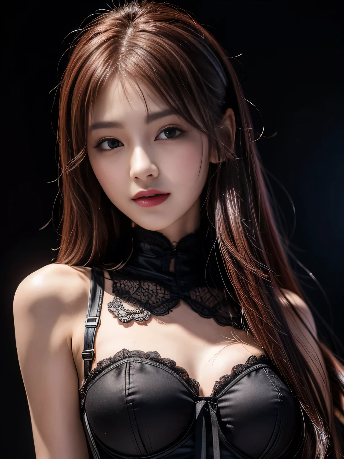 absurdres, 1girl, star eye, blush, (realistic:1.5), (masterpiece, Extremely detailed CG unity 8k wallpaper, best quality, highres:1.2), (ultra_detailed, UHD:1.2), (pixiv:1.3), perfect illumination, distinct, (bishoujo:1.2), looking at viewer, unreal engine, sidelighting, perfect face, detailed face, beautiful eyes, pretty face, (bright skin:1.3), idol, (abs), ulzzang-6500-v1.1, soft smile, upper body, (dark red hair), (simple background), ((dark background)), (depth of field), close-up, selfie