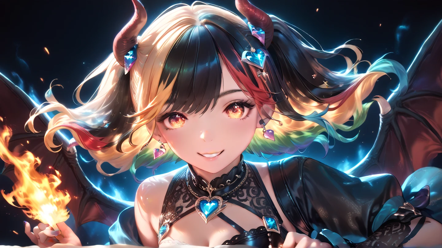  one woman　 Long Shot 　Highly saturated images　 anatomically correct 　 high res　 top quality 　Seven-colored hair　Multicolored Hair　Rainbow Skin Bondage　Devil&#39;s Wings　 Fire Jewel Hair Ornament　A gentle smile　The expression of falling in love　Burning City　fire　 Magical Eyes　Very Pretty Eyes 