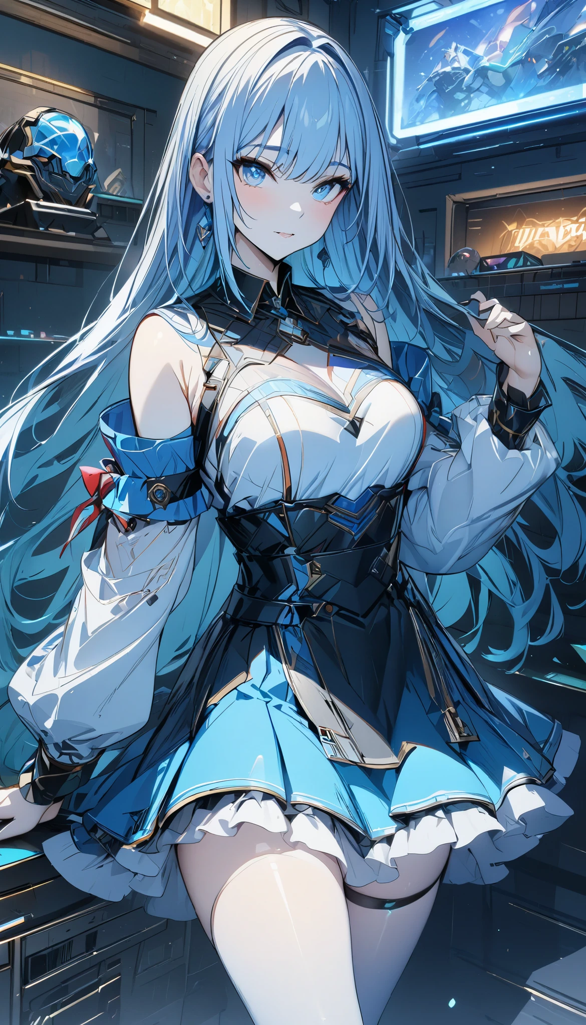 masterpiece, best quality, highres, bbasuna, long hair, blue hair, blue eyes, pointy ears, white dress, detached sleeves, blue thighhighs, from side, field, cowboy shot