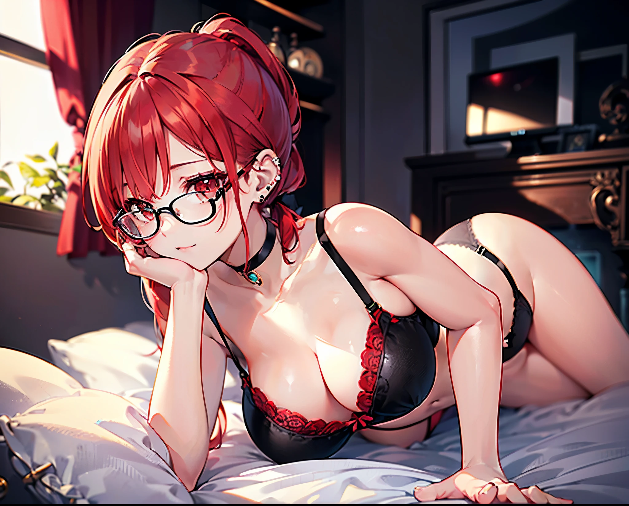 Highest quality,High resolution,1People Girl,beautiful girl,whole body,Landscape,looking at the camera,Big eyes,Glasses,Crying face,Tears,Stringy saliva,Open your mouth wide,Sticking out tongue,Flush saliva,Overflowing with saliva,ponytail,Red Hair,Red eyes,銀縁のGlasses,Bondage,High Leg,Tears overflow,Dripping a lot of saliva,Drooling,On the bed,sexy,Western-style room,Alluring,Navy blue underwear,Navy blue bra,Navy garter socks,