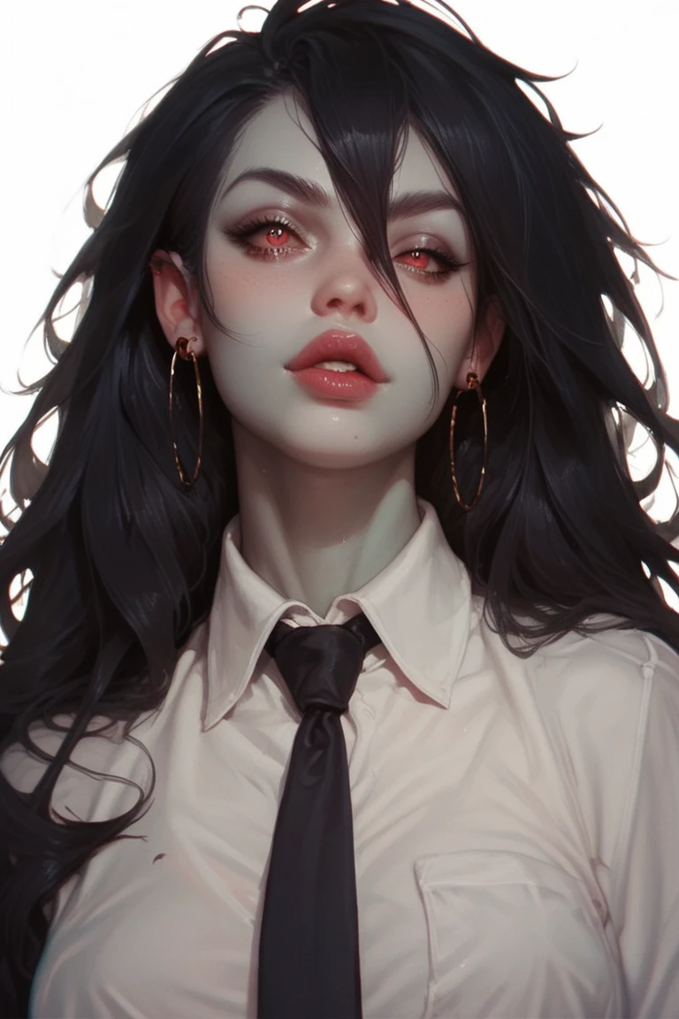 A close-up of the cartoon character Marceline wearing a white shirt and a black tie with innocent features and wide eyes. She looks very much like a human being behind a white background and looks sexy and naked 