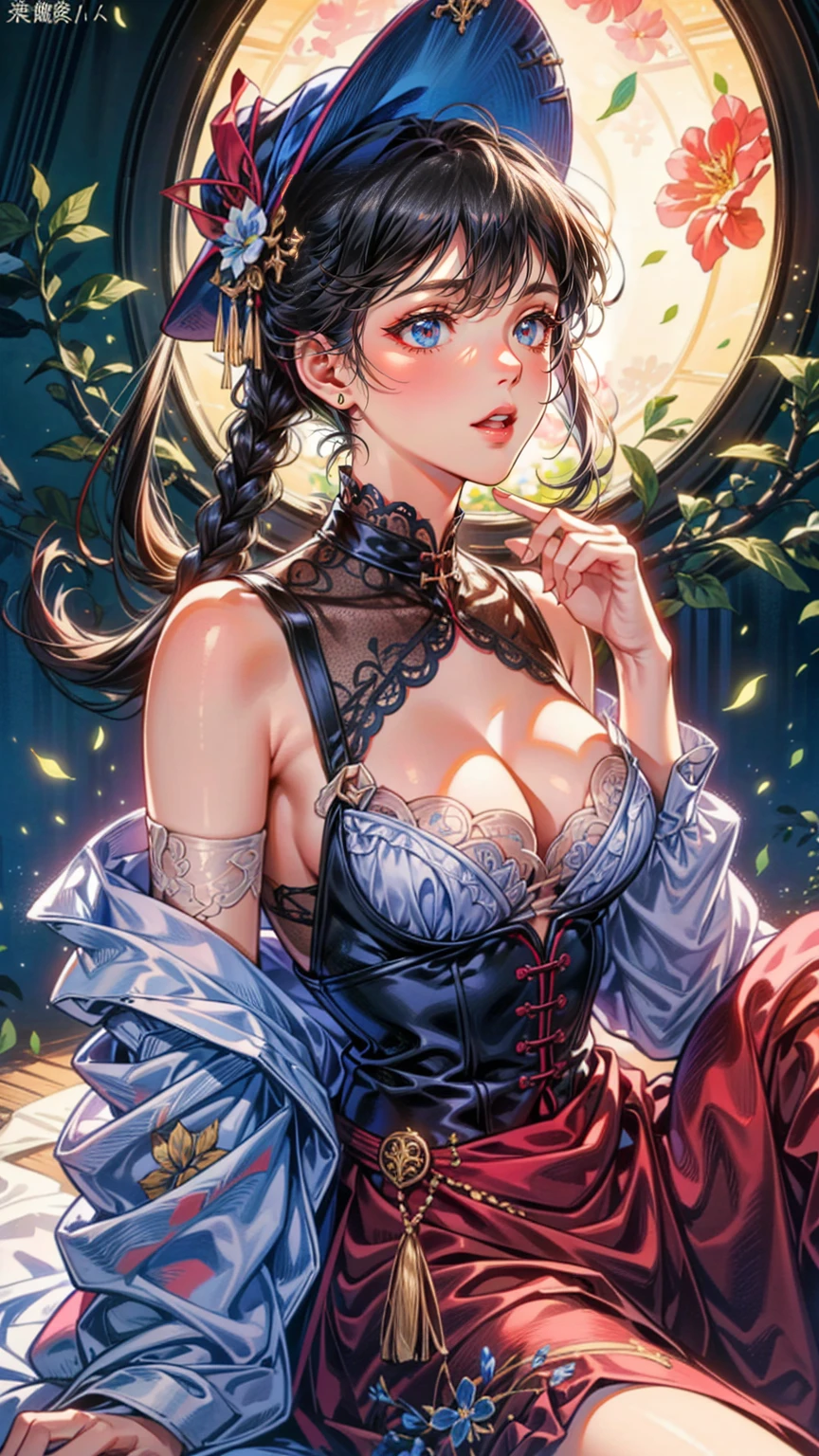 colorful butterfly,girl,red and white kimono single detached sleeve,upper body,(detailed face:1.2), (medium breasts),(cleavage),(thigh bands),long Honey hair,asymmetrical bangs,Tarot border,The portrait is centered,(no weapon),(bouncing breasts), (raw photo:1.2), ((photorealistic:1.4)), best quality, masterpiece, illustration, an extremely delicate and beautiful, extremely detailed ,CG ,unity ,8k wallpaper, Amazing, finely detail, masterpiece,best quality,official art, extremely detailed CG unity 8k wallpaper, absurdres, incredibly absurdres, huge filesize, ultra-detailed, highres, extremely detailed,
beautiful detailed girl, extremely detailed eyes and face, beautiful detailed eyes, light on face, cinematic lighting, full body, full-body shot, see-through, outdoors,  obsidian ,  ((orange background)),  red theme and pink theme ,  bear stomach