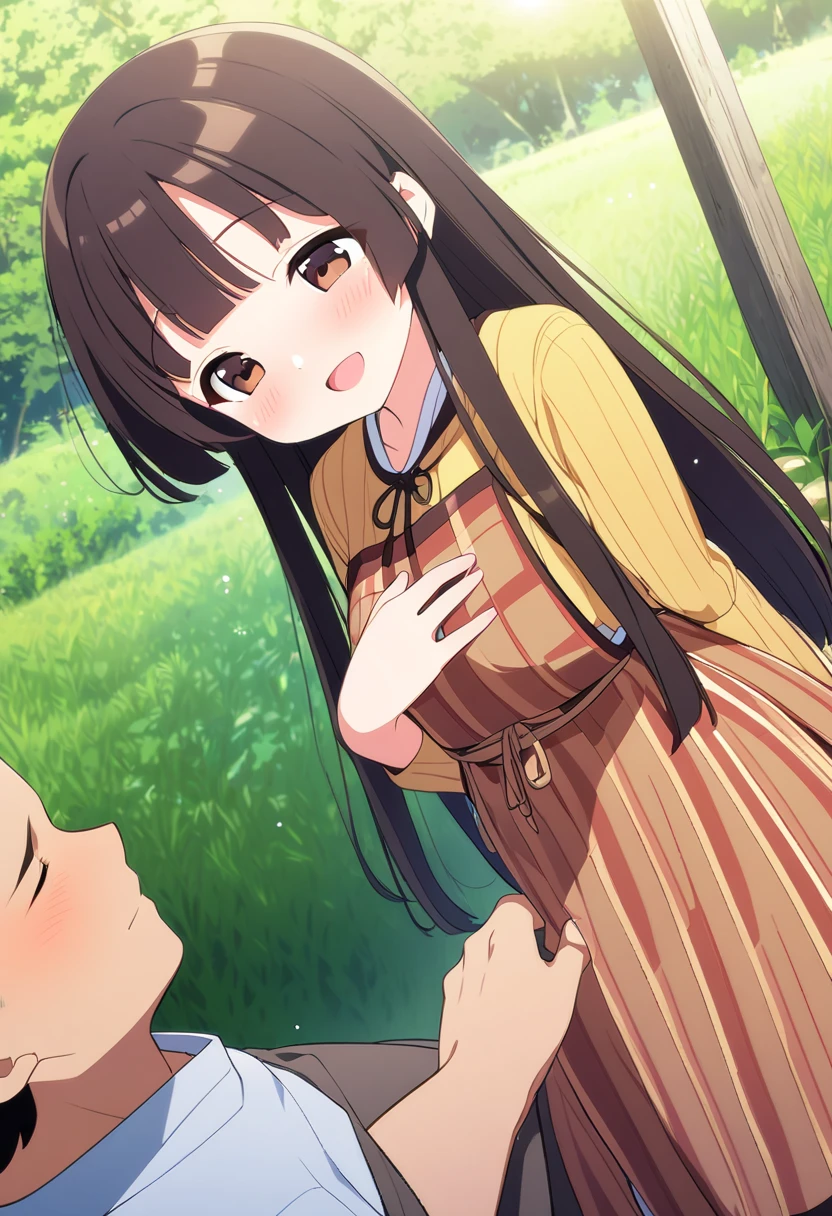  top quality 、 One Girl 、One Man、Man strokes girl's chest、Tiny breasts、 shiny dark brown hair 、 long straight hair、Rural Areas、Villager clothes 、field、smile、A little blush、The sun shines in