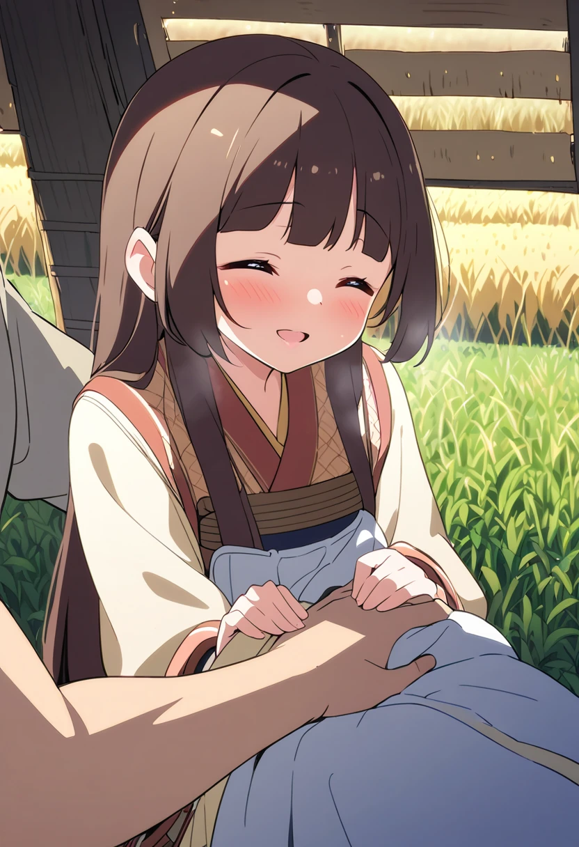  top quality 、 One Girl 、One Man、Man strokes girl's chest、Tiny breasts、 shiny dark brown hair 、 long straight hair、Rural Areas、Villager clothes 、field、smile、A little blush、The sun shines in