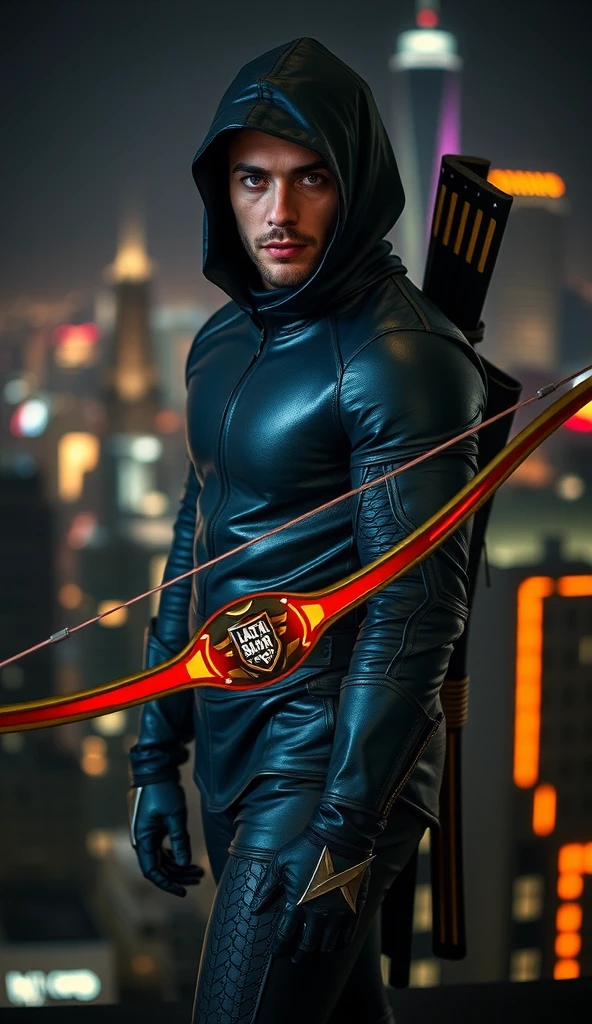 A full-body image of a muscular adult male.black leather full-body image 、and hood, a hooded person in invisible armor . wears leather armor, Tights.epic ninja suit, rogue.Leather fit to cover the whole body. smooth leather .Boy Teenage Assassin , stealth suit , cyberpunk assassin , stand on the roof of a skyscraper. . black night . Dark atmosphere .Low light.Weak lights cast dramatic shadows. Weird cyberpunk atmosphere . cyberpunk city.Futuristic tech style,robot,mecha skin,latex bodysuit .whole body image.Handheld composite mechanical giant bow.full body photo
