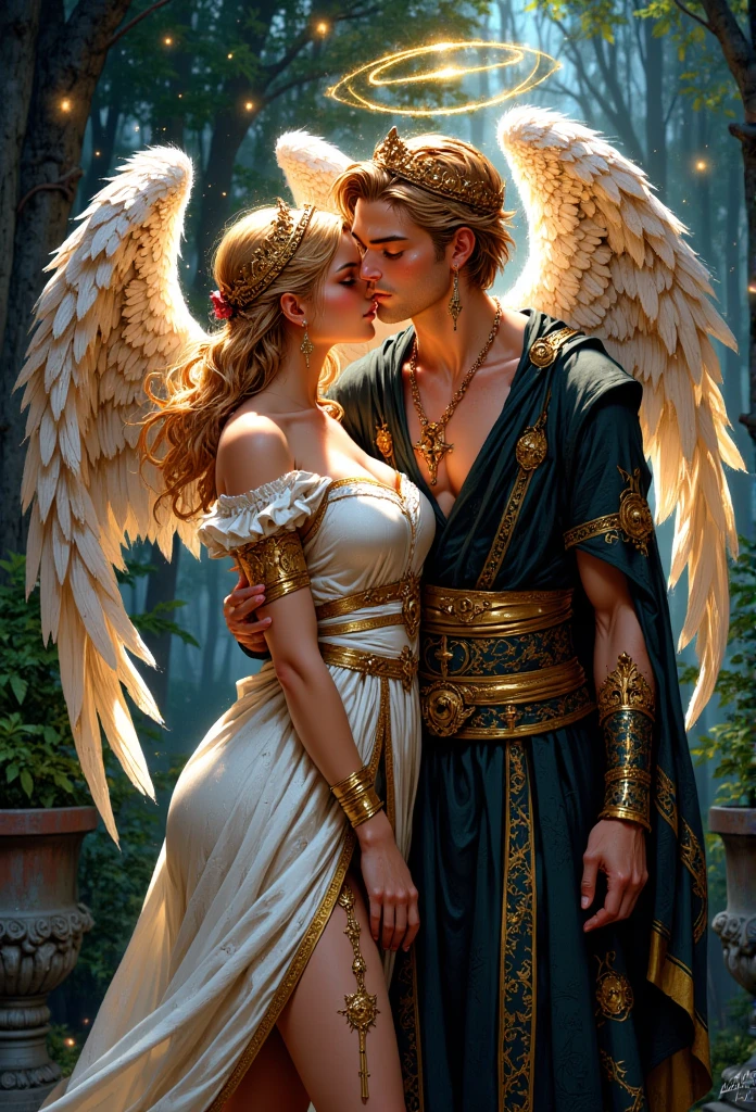 In the arms of a very handsome young, majestic, courageous, athletic, attractive king men with long straight platinum hair, liht blue burning eyes, dressed in golden royal robes, with a gold crown on his head, with large gold wings growing behind his back hugs an incredibly beautiful young delicate fragile woman in a flowing white translucent a Greek-style dress, she has blue eyes, long golden hair, an elegant golden tiara, a beautiful slender female body that can be seen through the fabric of her dress, beautiful neat small female breasts with pointed nipples, small pink halos. They are in love with each other, he gently hugs her.  full-length image. realistic image, full-length image. careful drawing of the anatomical authenticity of the body, delicate type of face, excessive detailing of the female body. Masterpiece, perfect drawing, realistic drawing, full-length drawing, 8k. full-length image, realistic image, detailed image. an extremely detailed illustration, a real masterpiece, of the highest quality, with careful drawing. shading with shadows. careful display of the anatomical authenticity of the female body, attractive face type and excessive detail of the female body.  realistic image