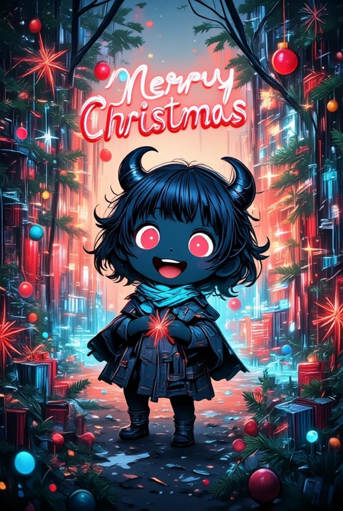 (ChristmasPaperCutArt,  Highly Detailed Illustrations), (shot from below, Dutch Angle, side focus,) (( One Little Devil , Hzk,  cute, smile,Singing in , joy,  dark skin ,  Rustic Cape ,  torn ,  Traces of a Long Journey ,  simple art , merryXmas ), (complex texture, A delicate work of art, mecha art,) (merryXmas overlay, message overlay)),