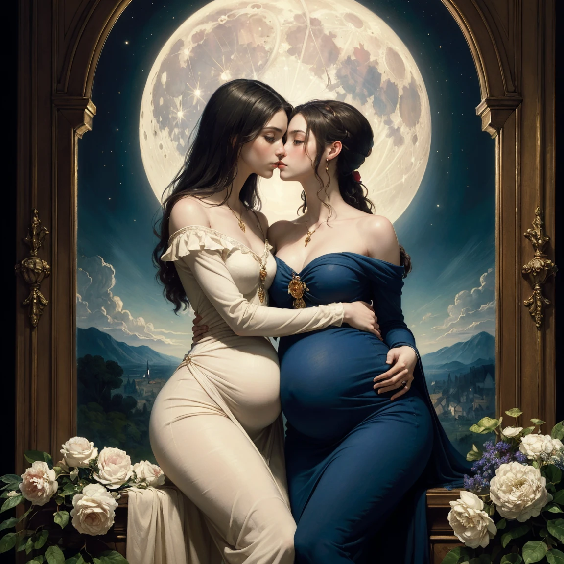 (masterpiece, best quality, the most important work), oil painting by Leonardo da Vinci and Alfons Maria Mucha, perfect anatomy, two gorgeous and stunning dark-skinned or pale-skinned young pregnant goddesses is deeply in love with each other, kiss, fantastic make-up, jewelry, romantic atmosphere, snow and moon, magnificent panorama view