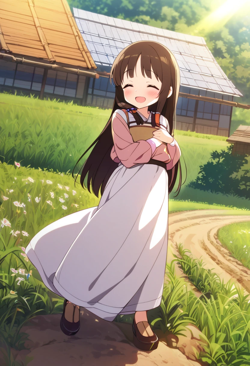  top quality 、 One Girl 、One Man、Man strokes girl's chest、Tiny breasts、 shiny dark brown hair 、 long straight hair、Rural Areas、Villager clothes 、field、smile、A little blush、The sun shines in、 Full Body Vision