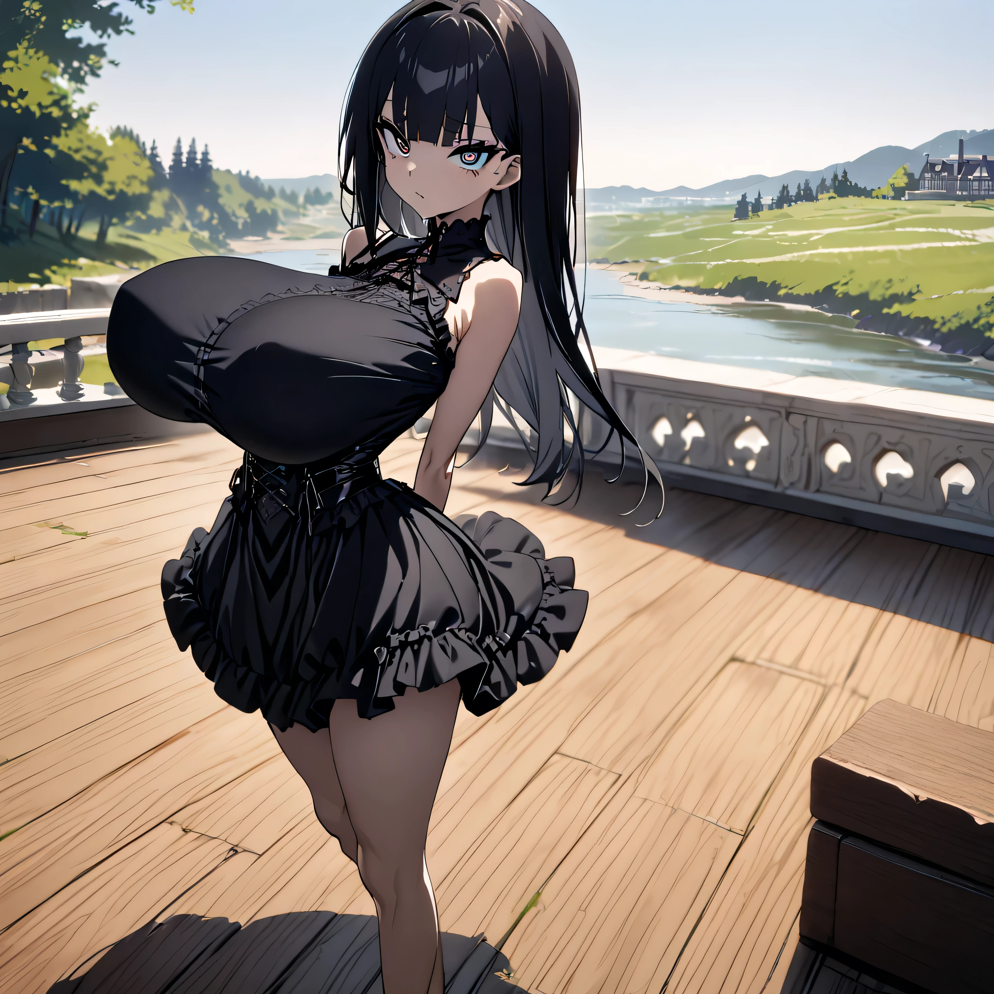 masterpiece, best quality, (beautiful detailed eyes:1.2), anime, BREAK, deck of mansion, landscape, BREAK, (solo), (1 skinny small girl standing), (swaying back), arms behind back, bouncing huge breasts, looking at viewer, BREAK, (inconceivably too long breasts:1.2), (too short torso:1.2), (too narrow skinny waist), (skinny legs), blunt bangs, half-closed eyelids, Gothic Lolita, (black gothic dress), black frilled sleeves, very short skirt