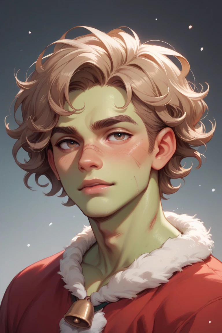 Make a twink with a small nose and a delicate green skin tone with bruises on the skin to the point where the bones are visible, He smiles with his head tilted ,  has curly hair and light brown hair with a white lock and wears a torn Christmas outfit 