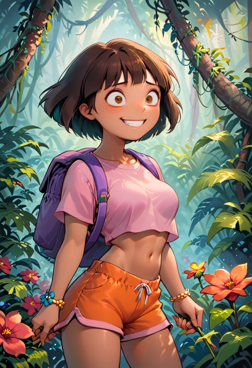  solo, cute, medium breasts, Dora, crazy eyes, worried, smile, holding a flower, red flower, brown eyes, in a jungle outdoors, dark-skinned female, bob cut, (pink shirt), crop top, bare midriff, loose shirt, (orange shorts), bracelet, backpack, (slender athletic body), 