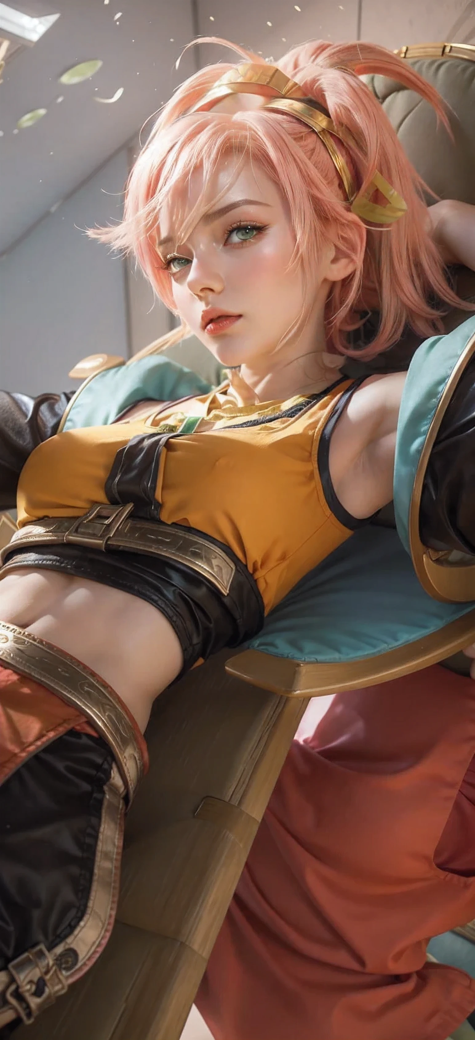 young woman, short shoulder-length pink hair, wide forehead, porcelain skin, pink eyebrows, big emerald green eyes, buttoned nose, full lips, heart-shaped face,small breasts, red tank top, Sakura Haruno , realistic, realism, details, 3d, well detailed