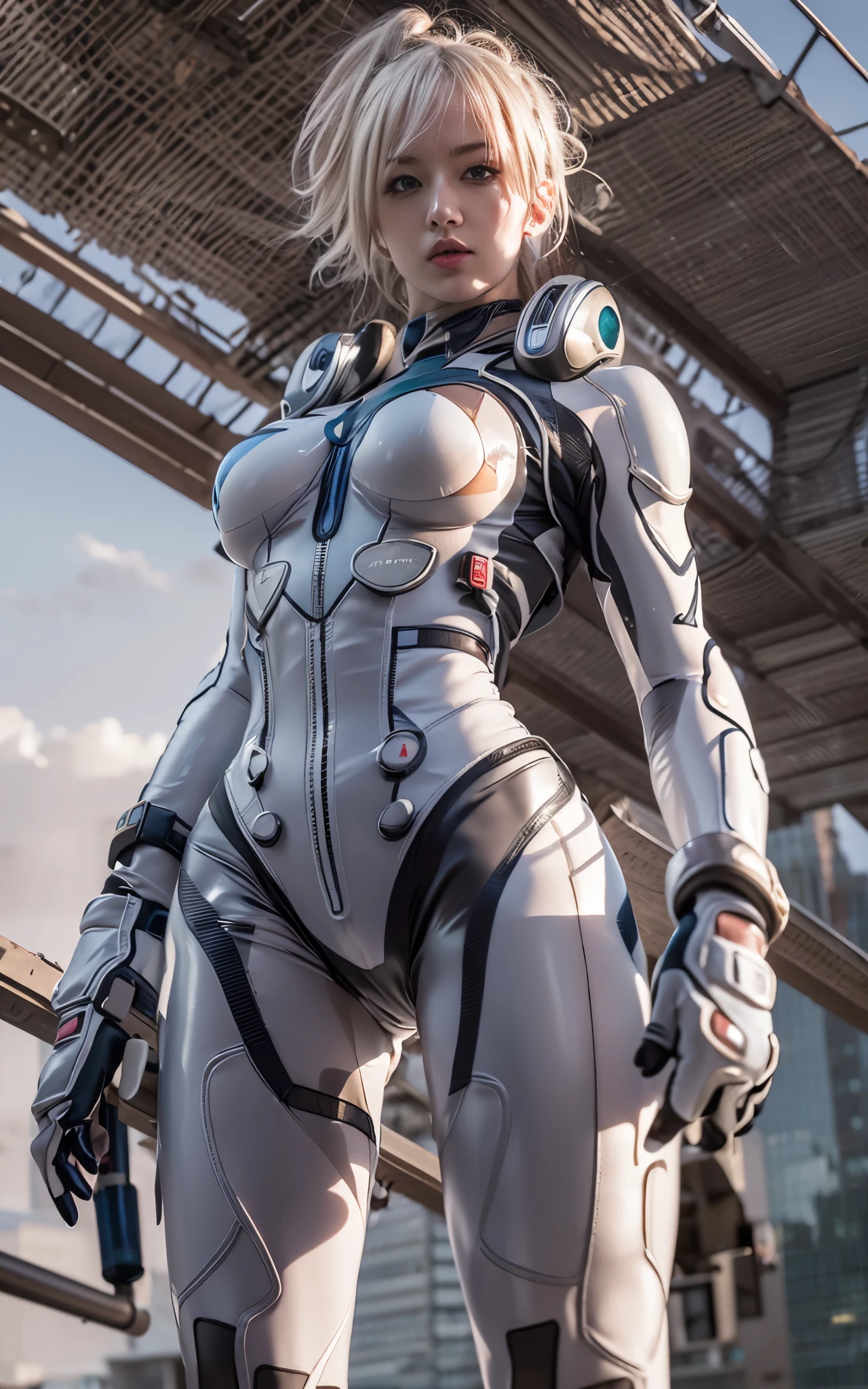 ((Best Quality)), ((masutepiece)), (Detailed: 1.4), (Absurd), Caucasian female fighter pilot ready for war, front walking, muscular sculptural body defined, Closed mouth, muscular body covered by technological clothing, Cyberpunk, ((perfect large breasts)), (blue eyes without pupils), long manga-style eyelashes, close to real, Crazy face, Sexy Pose, Centered, scale to fit the dimensions, nffsw (High dynamic range),Ray tracing,Hyper-Resolution,Unreal 5,Subsurface Dispersion, PBR Texture, Post-processing, Anisotropy Filtering, depth of fields,  Maximum clarity and sharpness, Multilayer textures, Surface Shading, accurate simulation of light and material interactions, Perfect proportions, thirds rule, top-quality, in 8K, ultra-detailliert, Being on the roof of a skyscraper, Smooth bodysuit, spiffy white plugsuit