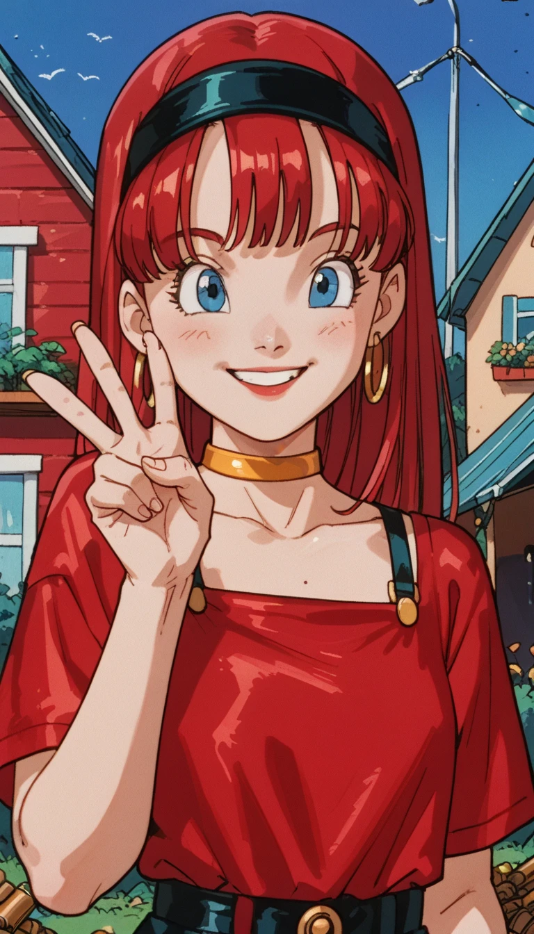 1 , Bullet ,  green hair,  Blue Eyes, 
 red hair band,  yellow choker ,  hoop earrings , red top, smile, Peace sign house in the background 