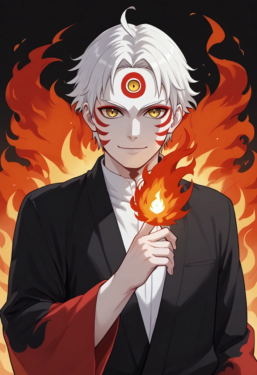 man, fire hair, white skin, red face paint, anime style, fire, yellow eyes, white hair, third eye on forehead, smile, cat eyes, fire powers, natural skin, kitsune, short hair, strong, japanese background