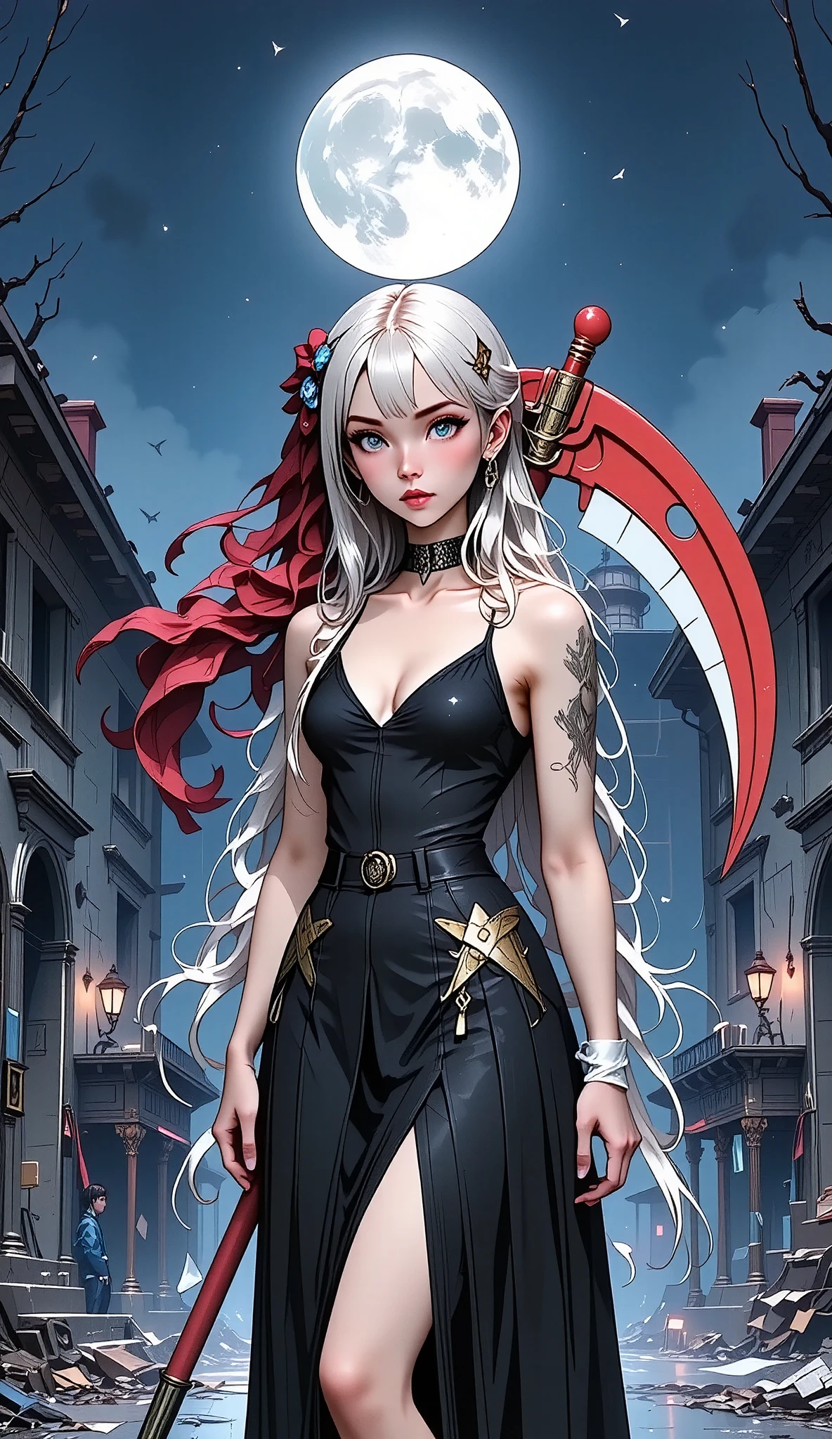 ((1 girl, Alone, alone, Ninym , cabello blanco, Ojos rojos, hair ornament, small breasts , long hair, physical fitness)), ((Alone, (1woman, pink lipstick), extremely detailed , Soft ambient lighting , 4k, perfect eyes, a perfect face, perfect lighting, a 1 girl)), (( black dress , long dress , brandishing a red scythe, Abandoned Castle , haunted castle, fog, fog, Evening, The Moon Smells , dry trees ))