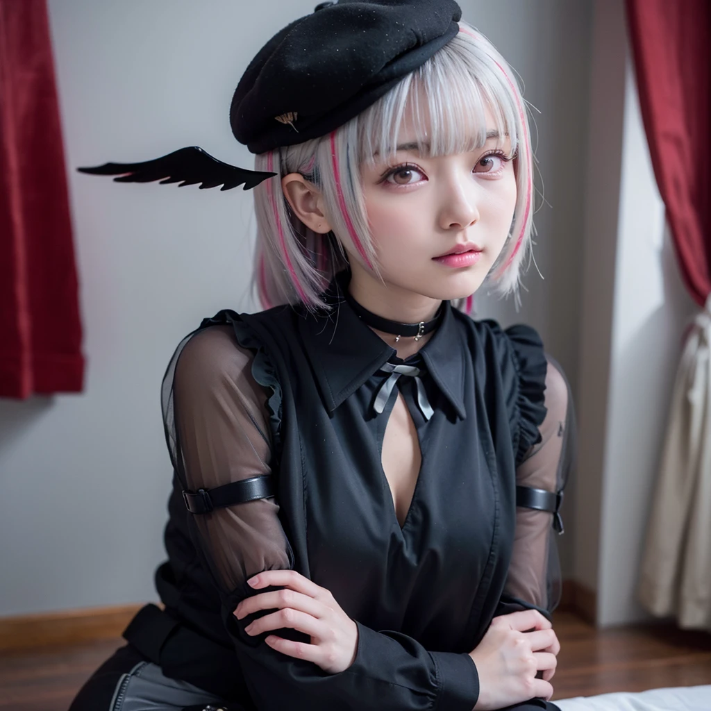 top-quality, 8k,  ultra-detailed , masutepiece, Best Quality, 超A high resolution, top-quality, aasena,  multicolored hair, hair ornament, head wings, beret,, black choker, black dress, clothing cutout, long sleeves、1人の女の子、まんぐりがえし