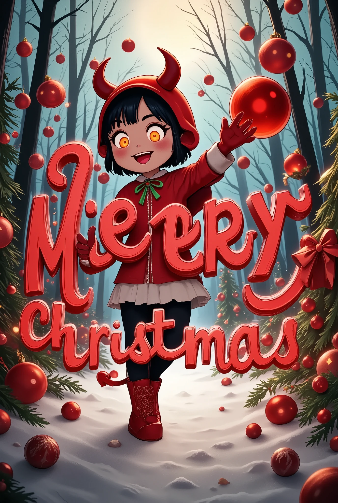 (ChristmasPaperCutArt,  Highly Detailed Illustrations), (shot from below, Dutch Angle, side focus,) (( One Little Devil , Hzk,  cute, smile,Singing in , joy,  dark skin ,  Rustic Cape ,  torn ,  Traces of a Long Journey , Cartoons, merryXmas ), (complex texture, A delicate work of art, mecha art,) (merryXmas overlay, message overlay)),