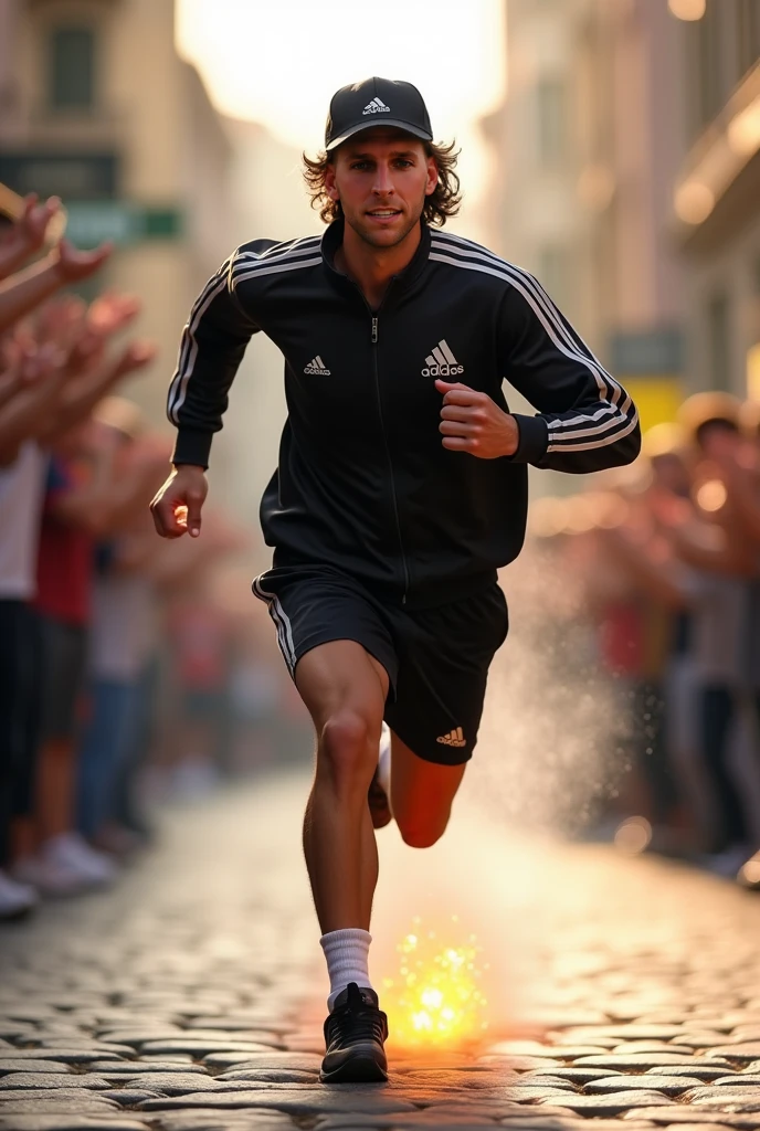 Luka modric running in only wet white underwear over the soccerfield. Other soccer Players are looking at him. It is heavy raining