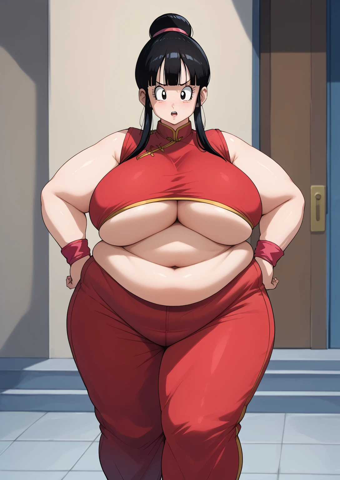 dragon ball　chichi, long hair, Black Hair, low ponytail, side lock,  Red Hair Band ,  dark eyes, blue china dress,　 sleeveless ,  red pants , red belly band ,  red wristband ,  side slits,  score_9,   score_8_ up,   score_7_ up,   score_6_ up,   score_5_ up,   score_4_ up,     masterpiece   ,   top quality,     So Aesthetic ,    absurd,    Source_Anime, Anime screencap,    one woman , Alone,   personal   ,  Super huge breasts, ((( super huge clevis , Super huge , Super huge boob))), Curvy,   chubby,  Mature Woman,   obese ,  troubled expression, ssbbw,  embarrassing expression, Outdoor