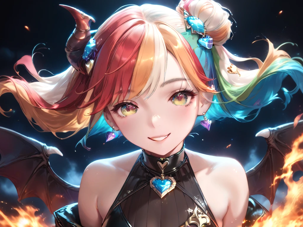  one woman　 Long Shot 　Highly saturated images　 anatomically correct 　 high res　 top quality 　Rainbow Hair　Multicolored Hair　iridescent leather clothes　Devil&#39;s Wings　 Fire Jewel Hair Ornament　A gentle smile　The expression of falling in love　Burning City　fire　 Magical Eyes　Very Pretty Eyes 