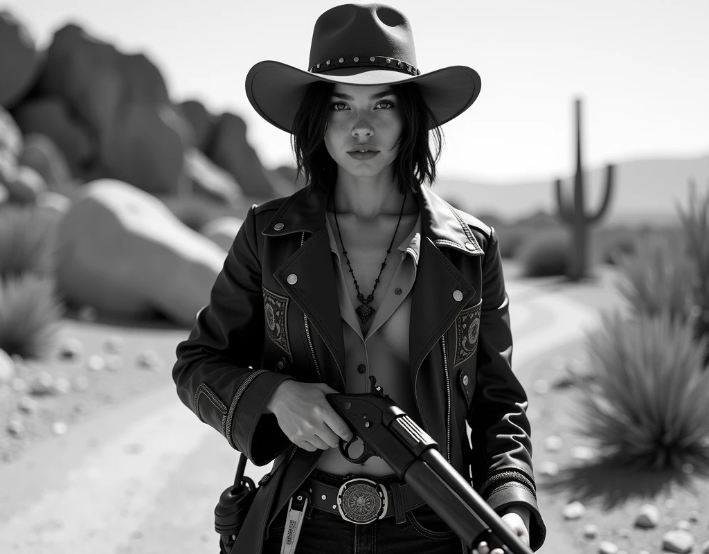 Ultra-realistic photo in Black and White of an enigmatic young female gunman with delicate yet masculine features, short hair hidden under her hat. Wearing an old rawhide cowboy jacket with intricate embroidery, rustic leather hat, holding an old double-barreled ifle, knives tied to her belt. Desolate, semi-arid location with dry branches, steppes, cactus trees, big rocks. Cinematic shot, Canon EOS R5, Ilford HP5 400 Plus film, high contrast, high grain, cinematic shot --ar 1:1 --v 6 --s 100 --quality 1