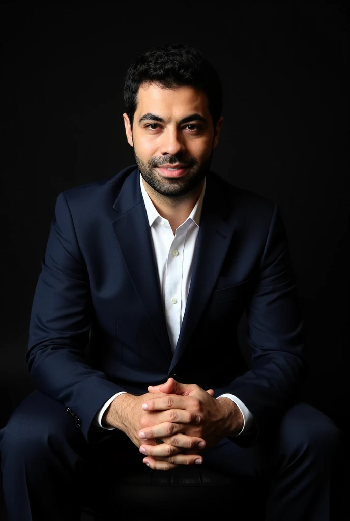 (professional business portrait photography:1.2), a sharp and clean studio image of a confident male subject wearing a dark navy blue suit and a crisp white shirt. The subject is seated and leaning slightly forward, hands forming a triangle in front of the chest in a relaxed yet thoughtful pose. The background is deep black, creating a minimalist and distraction-free atmosphere. The subject has short, neatly styled dark brown hair, light skin, and a slight, friendly smile with direct eye contact. Studio lighting is soft and directional, highlighting facial features and creating subtle shadows for depth. Sharp focus captures fine details of the suit fabric, skin texture, and facial features. Eye-level perspective with centered framing. | professional lighting setup | minimalist background | high-resolution realism | corporate portrait style | cinematic sharpness.  