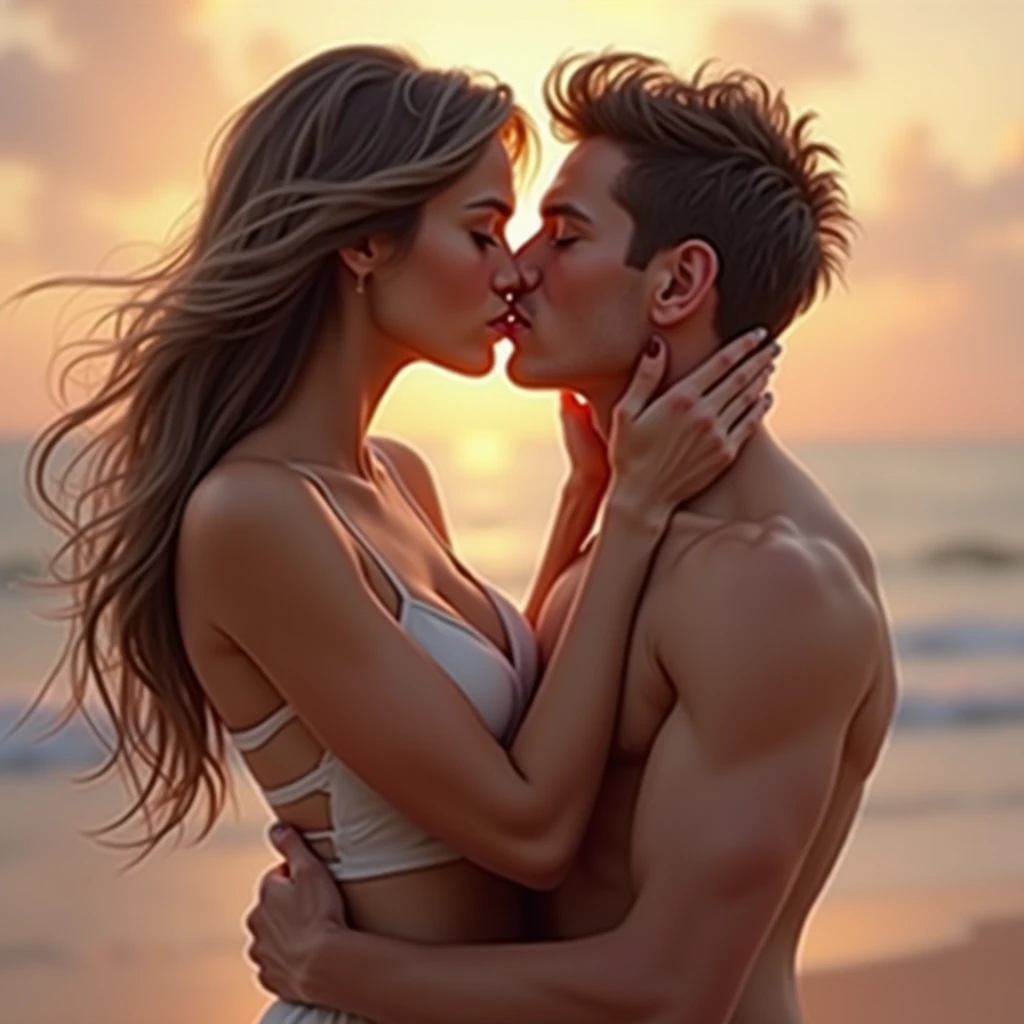 A cute charming naked boy having sex with his beautiful large breasted step mother in bed and kissing each other in beach