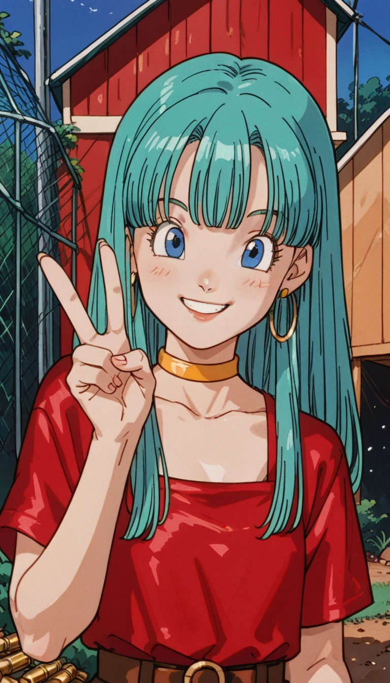 1 , Bullet , (( green hair)),  Blue Eyes, 
red stripe,  yellow choker ,  hoop earrings , red top, smile, Peace sign house in the background 