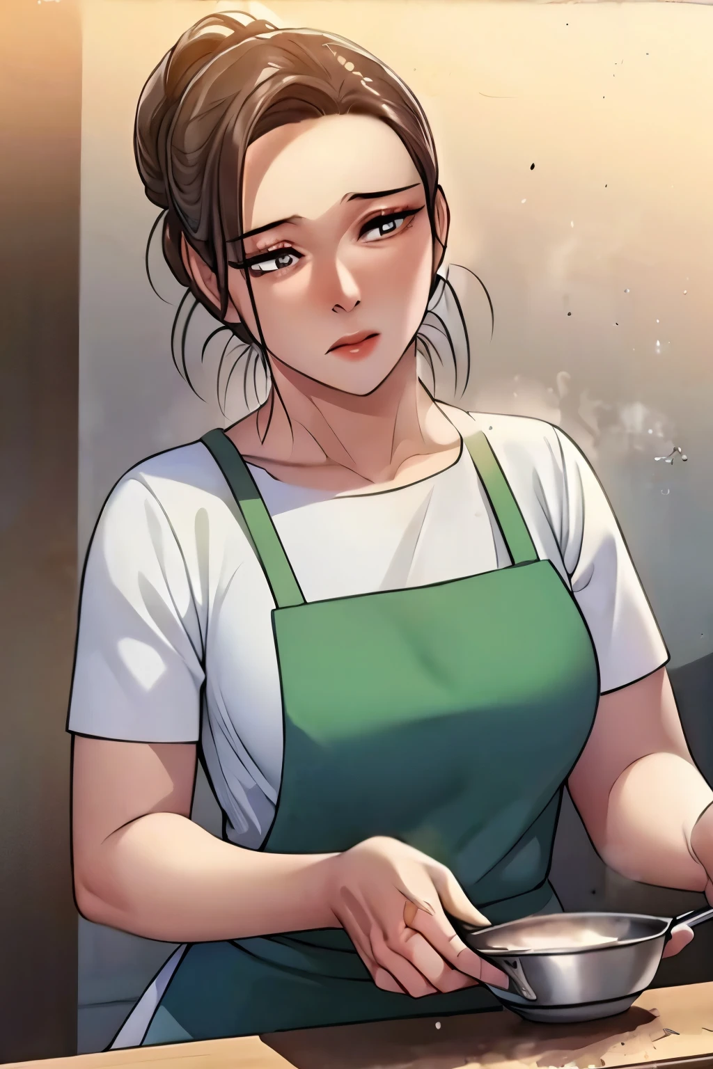 (masterpiece, best quality, detailed:1.3), housemaid in a green apron, brown shirt, (form-fitting skirt:1.2), hair neatly tied in a ponytail, actively cooking, (intricate kitchen setup:1.1), various spices and utensils, warm and soft lighting, tiled backsplash, pots and pans hanging, concentrated look, vibrant and cozy ambiance, high detail, realistic textures,Focus on cooking .