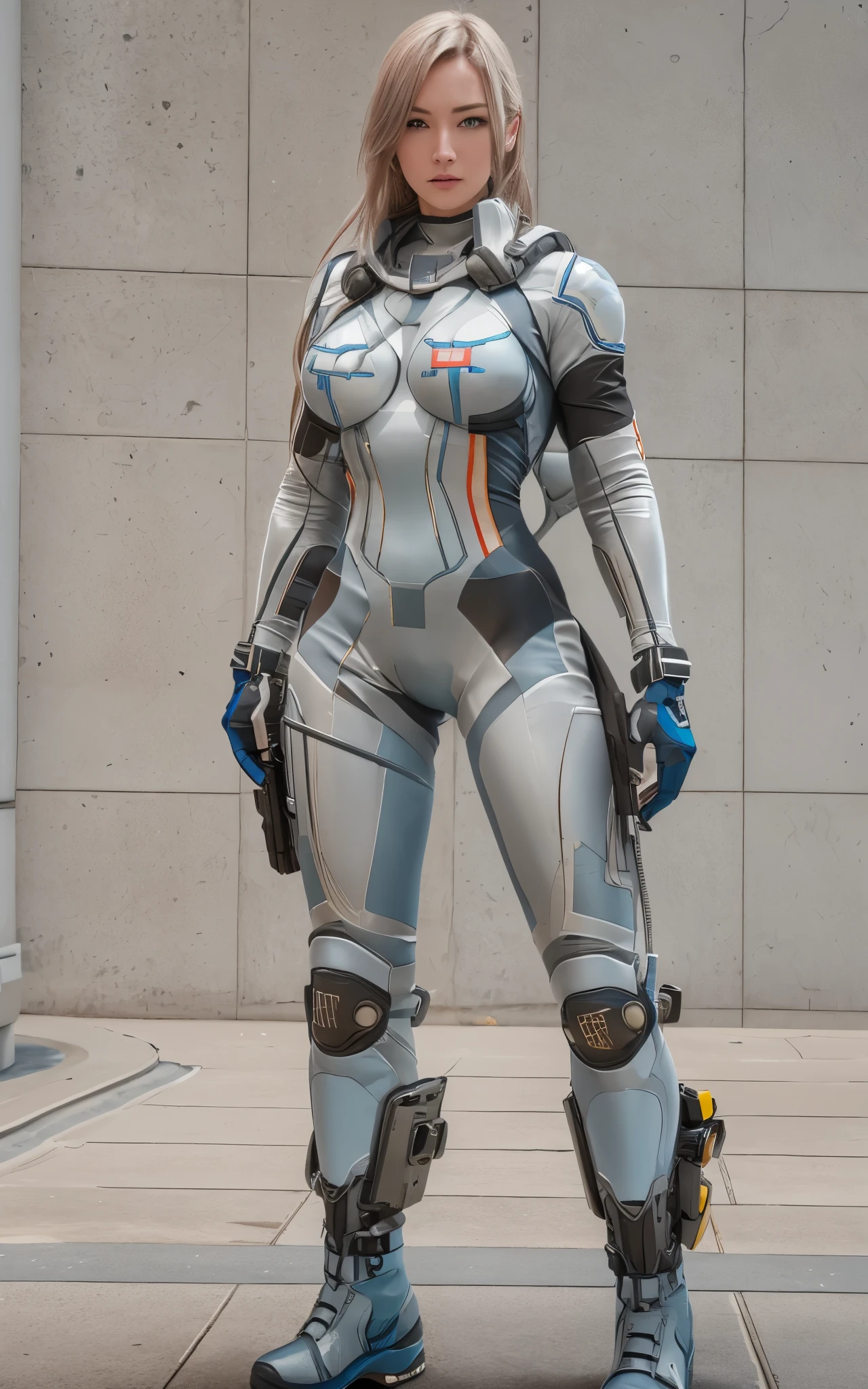 ((Best Quality)), ((masutepiece)), (Detailed: 1.4), (Absurd), Caucasian female fighter pilot ready for war, front walking, muscular sculptural body defined, Closed mouth, muscular body covered by technological clothing, Cyberpunk, ((perfect large breasts)), (blue eyes without pupils), long manga-style eyelashes, close to real, Crazy face, Sexy Pose, Centered, scale to fit the dimensions, nffsw (High dynamic range),Ray tracing,Hyper-Resolution,Unreal 5,Subsurface Dispersion, PBR Texture, Post-processing, Anisotropy Filtering, depth of fields,  Maximum clarity and sharpness, Multilayer textures, Surface Shading, accurate simulation of light and material interactions, Perfect proportions, thirds rule, top-quality, in 8K, ultra-detailliert, Being on the roof of a skyscraper, Smooth bodysuit, spiffy white zero suit