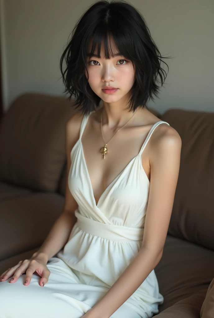 RAW photo, best quality, masterpiece, photorealistic, Polish girl, 20 years old, black hair, Light grey eyes, short bob cut, hair in 7 thirds, hair over one ear, Symmetrical eyes, pale skin, Big Breasts, rip gloss, Gel Nails, Various poses, Accessories, various poses,