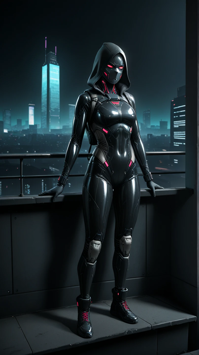 A full-body image of a muscular adult male.black leather full-body image 、and hood, a hooded person in invisible armor . wears leather armor, Tights.epic ninja suit, rogue.Leather fit to cover the whole body. smooth leather .Boy Teenage Assassin , stealth suit , cyberpunk assassin , stand on the roof of a skyscraper. . black night . Dark atmosphere .Low light.Weak lights cast dramatic shadows. Weird cyberpunk atmosphere . cyberpunk city.Futuristic tech style,robot,mecha skin,latex bodysuit .whole body image.Handheld composite mechanical giant bow.full body photo
